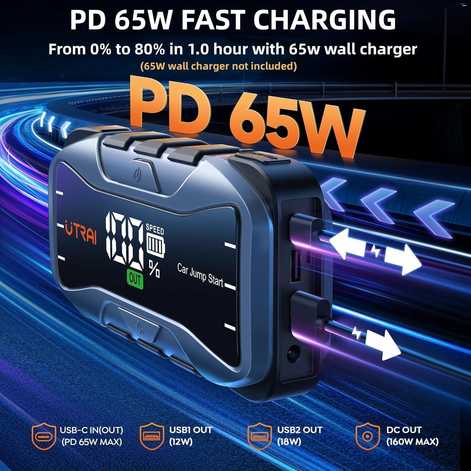 UTRAI 8000A Portable Car Jump Starter, 12V Battery Jumper for All Gas & 12L Diesel Engines, 27000mAh Jump Box with 65W USB-C Fast Charging, 2 USB & DC Output Jump Pack, 600LM LED Flashlight