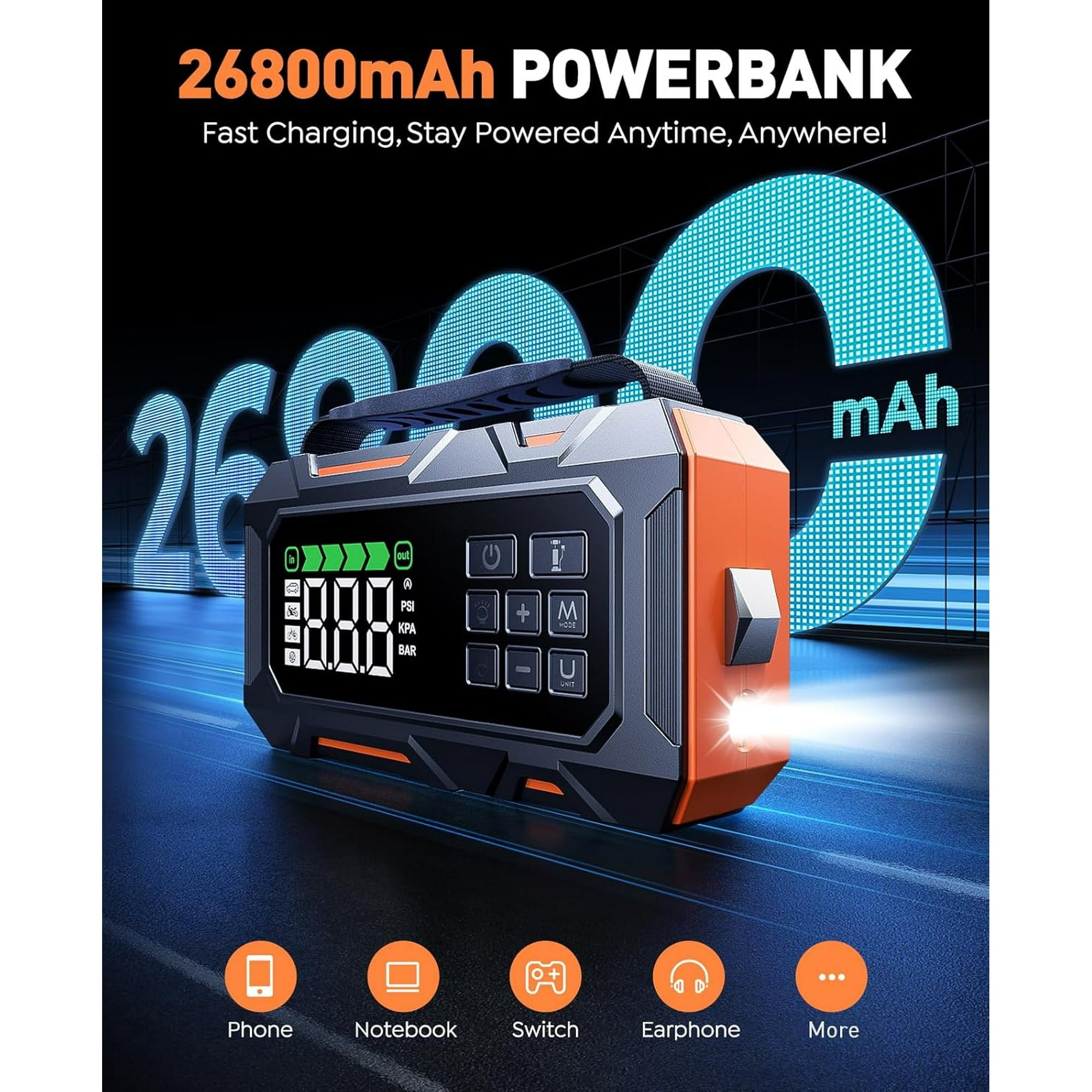 6000A Car Jump Starter, 65W Fast Charging Jump Box