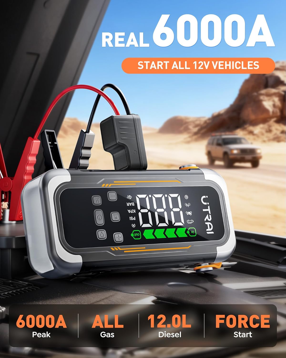 6000A Jump Starter with Air Compressor 150PSI & Air Blower, PD 30W Power Bank