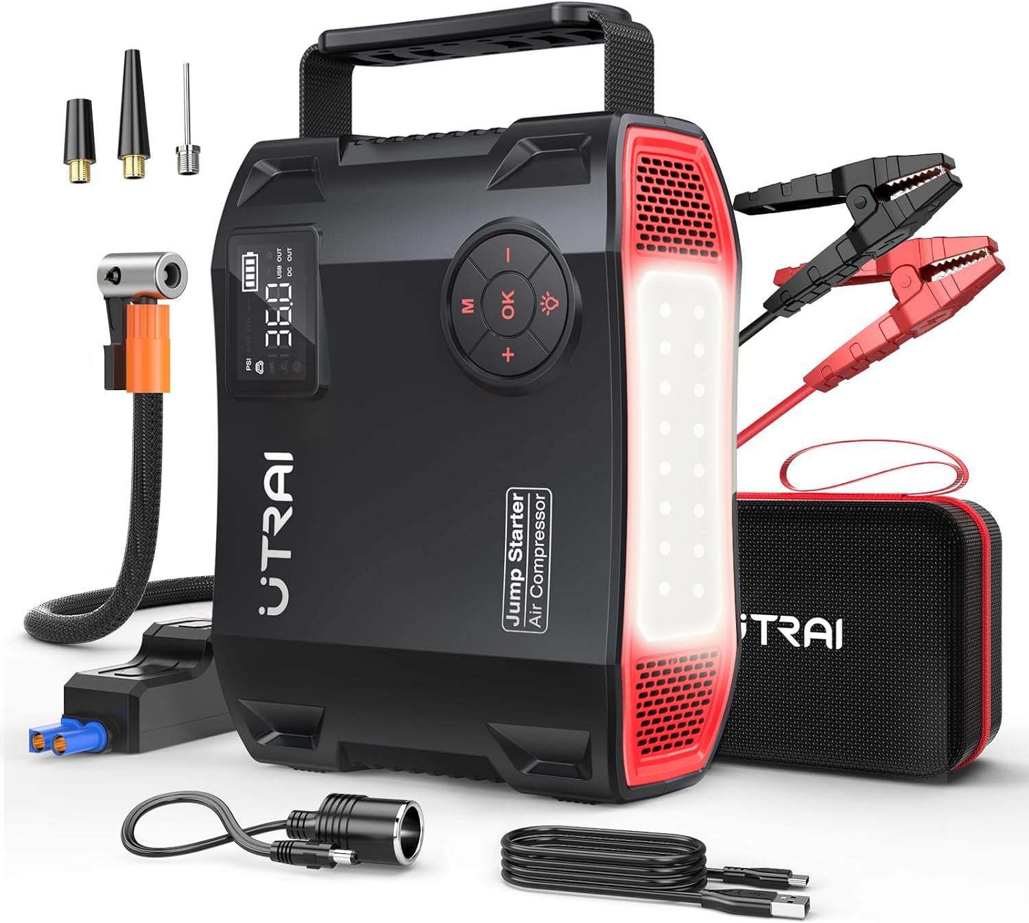 Jump Starter with Air Compressor, UTRAI 150PSI 6000A DC160W/1600 Lumen/12V Car Battery Booster Pack Jump Starter (All Gas/12L Diesel), Car Booster Battery Pack with 18W Fast Charging/Tire Inflato
