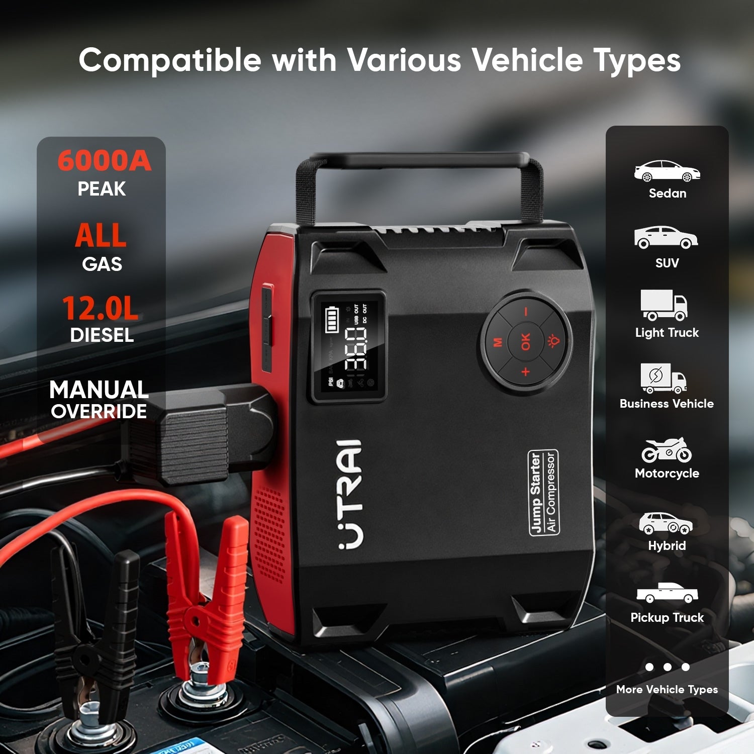 Jump Starter with Air Compressor, UTRAI 150PSI 6000A DC160W/1600 Lumen/12V Car Battery Booster Pack Jump Starter (All Gas/12L Diesel), Car Booster Battery Pack with 18W Fast Charging/Tire Inflato