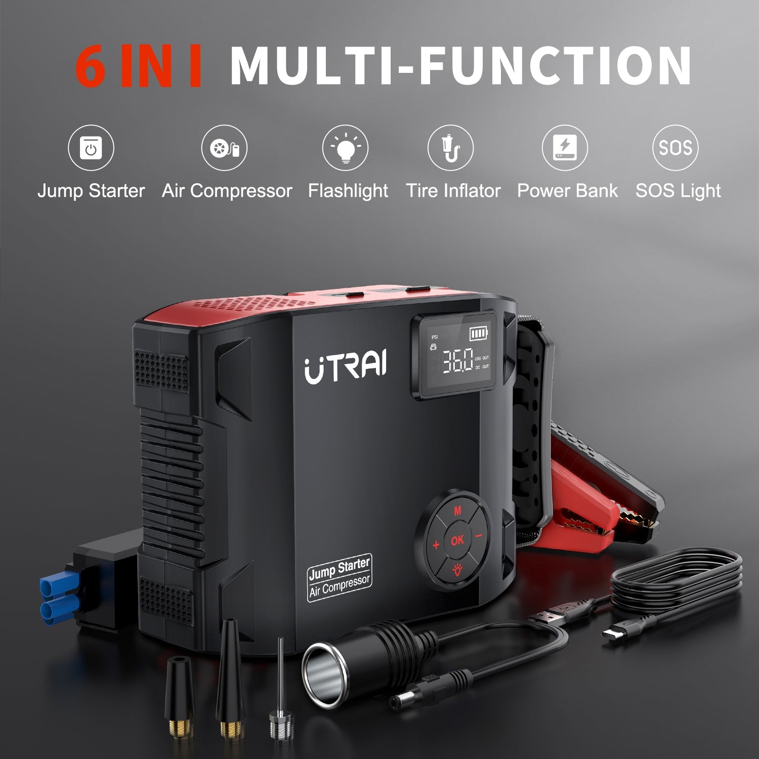 Jump Starter with Air Compressor, UTRAI 150PSI 6000A DC160W/1600 Lumen/12V Car Battery Booster Pack Jump Starter (All Gas/12L Diesel), Car Booster Battery Pack with 18W Fast Charging/Tire Inflato