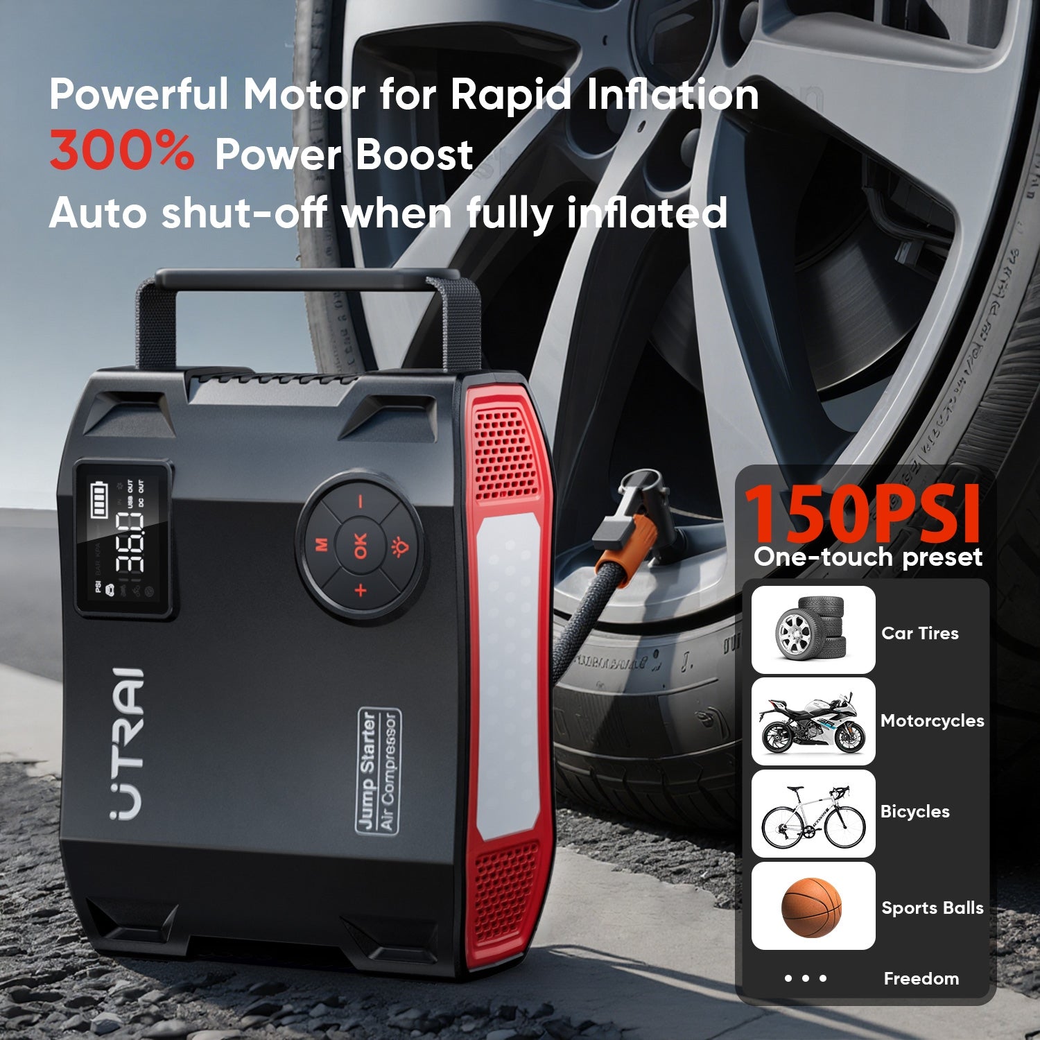 Jump Starter with Air Compressor, UTRAI 150PSI 6000A DC160W/1600 Lumen/12V Car Battery Booster Pack Jump Starter (All Gas/12L Diesel), Car Booster Battery Pack with 18W Fast Charging/Tire Inflato