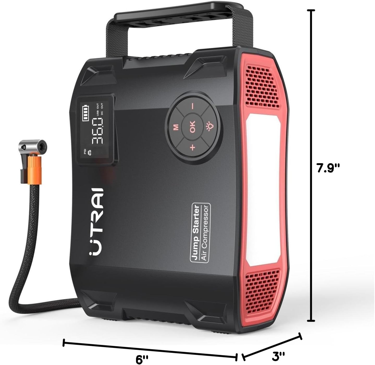 Jump Starter with Air Compressor, UTRAI 150PSI 6000A DC160W/1600 Lumen/12V Car Battery Booster Pack Jump Starter (All Gas/12L Diesel), Car Booster Battery Pack with 18W Fast Charging/Tire Inflato
