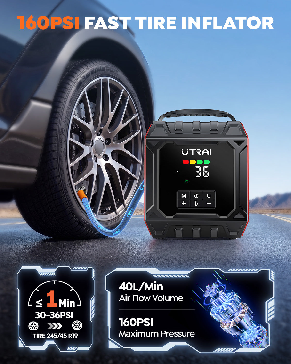 UTRAI 8000A Jump Starter with Air Compressor 160PSI, Car Battery Jumper Starter for All Gas/12L Diesel Engines, Portable Car Jump Starter Jump Box with 1000LM Magnetic Light, Tire Repair Kit