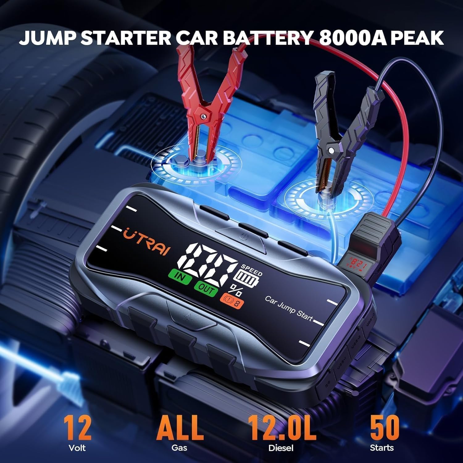 UTRAI 8000A Portable Car Jump Starter, 12V Battery Jumper for All Gas & 12L Diesel Engines, 27000mAh Jump Box with 65W USB-C Fast Charging, 2 USB & DC Output Jump Pack, 600LM LED Flashlight