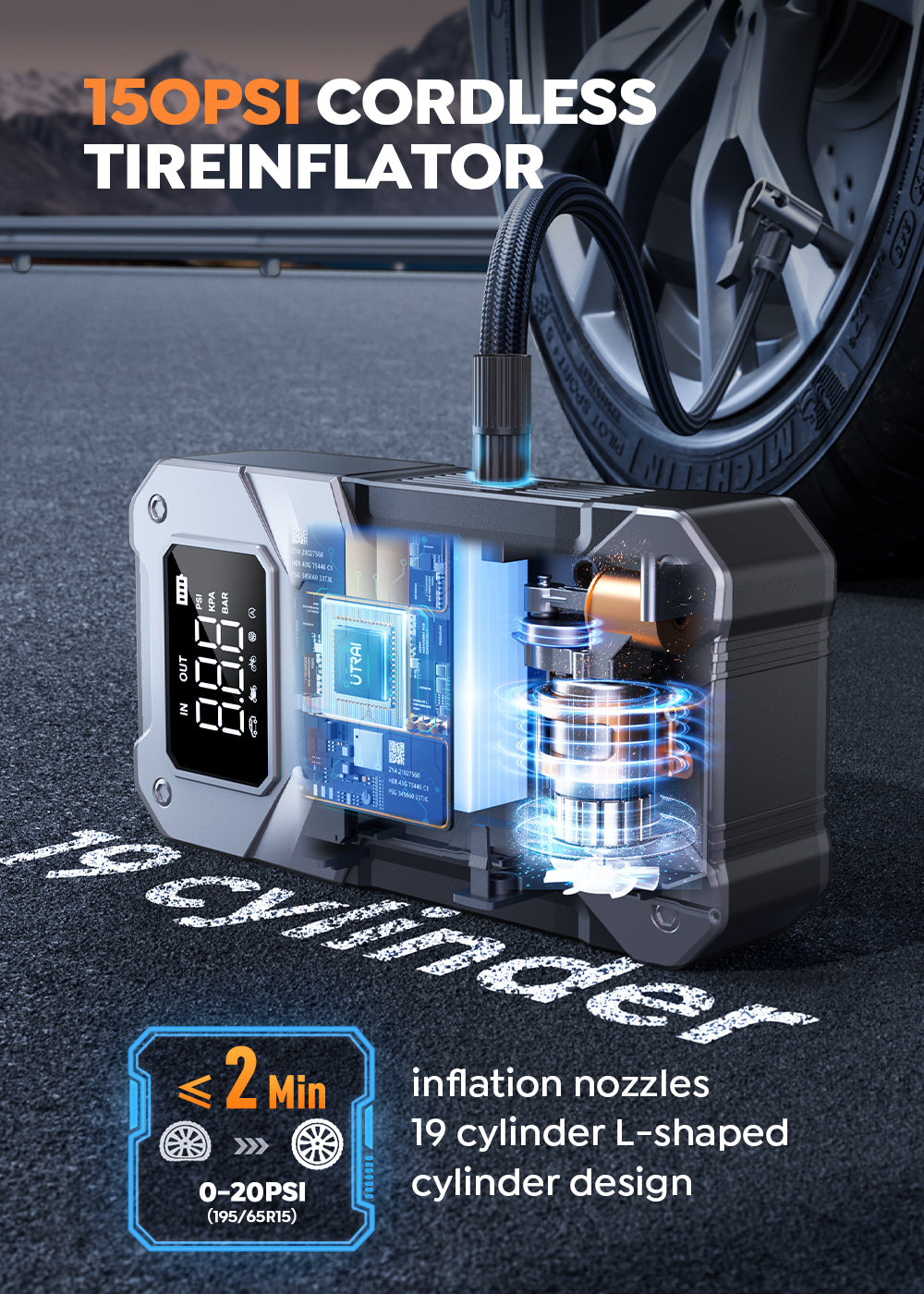 UTRAI 5000A Portable Car Jump Starter with Air Compressor 150PSI, 12V Emergency Battery Booster & Power Bank for All Gas / 10.0L Diesel Engines