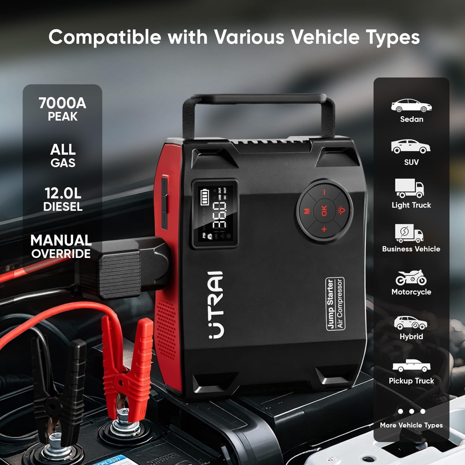 UTRAI Jump Starter with Air Compressor, 7000A 27000mAh Car Starter Jump Box with 150PSI Tire Inflator, Portable Jump Pack (All Gas/10L Diesel), DC160W, QC3.0 Jumper Cables, 1600LM Light
