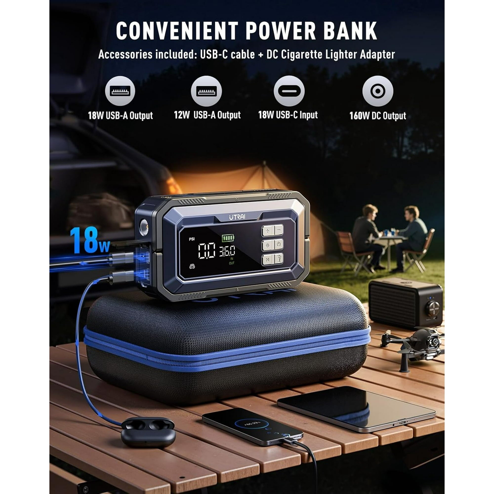 UTRAI 7000A Car Jump Starter with Smart OBD for All Gas and 12V Diesel, 150PSI Car Air Compressor, 18W Quick Charge, LED Spotlight