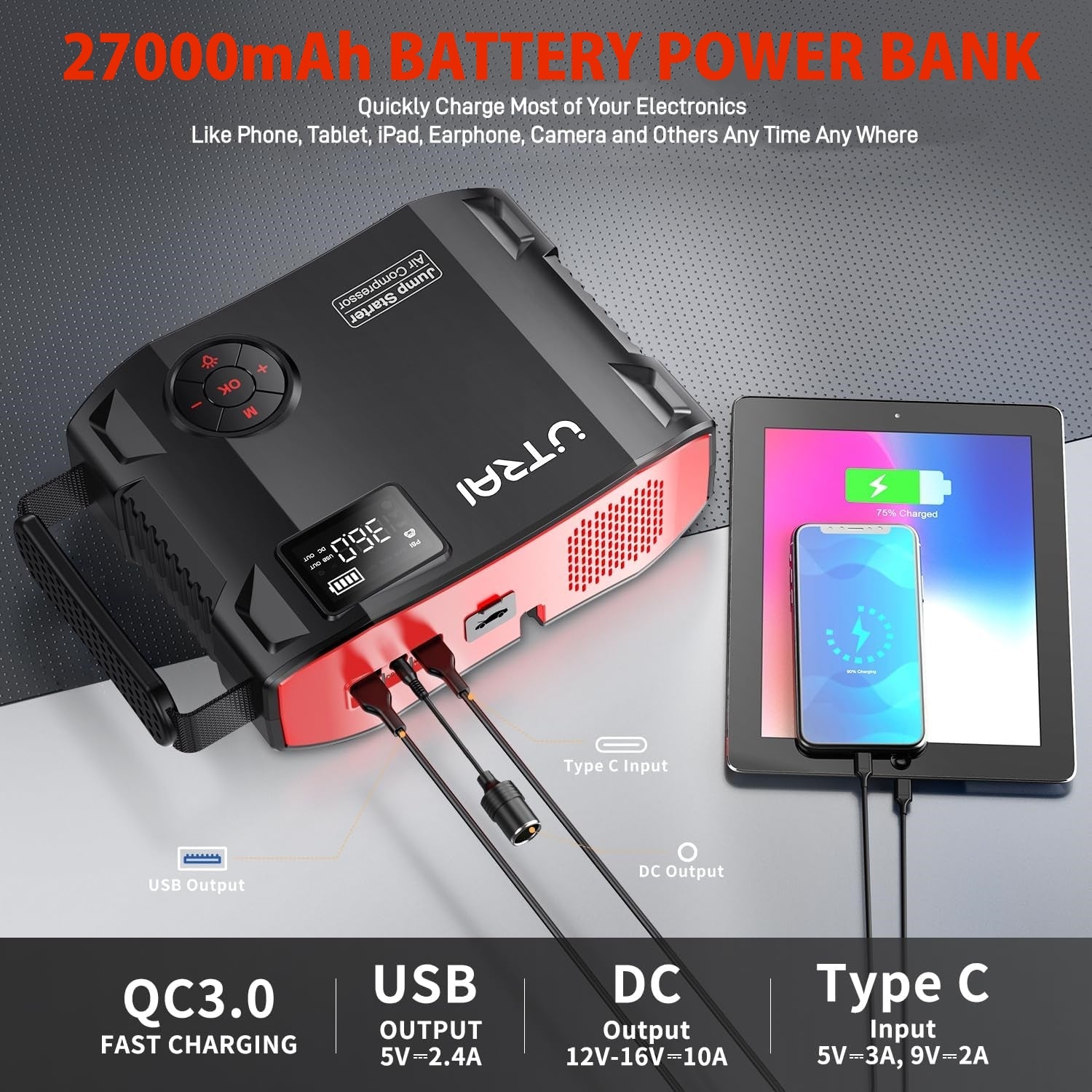 Jump Starter with Air Compressor, UTRAI 150PSI 6000A DC160W/1600 Lumen/12V Car Battery Booster Pack Jump Starter (All Gas/12L Diesel), Car Booster Battery Pack with 18W Fast Charging/Tire Inflato