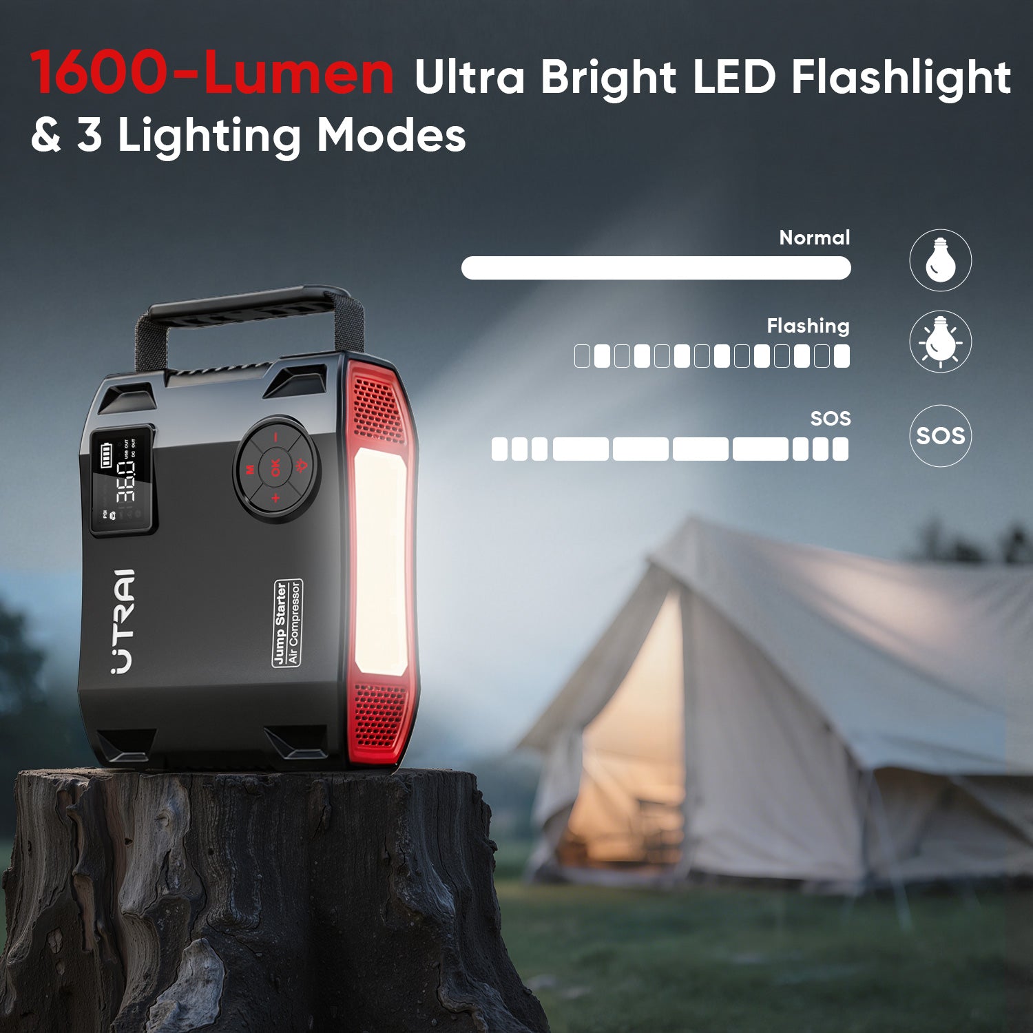Jump Starter with Air Compressor, UTRAI 150PSI 6000A DC160W/1600 Lumen/12V Car Battery Booster Pack Jump Starter (All Gas/12L Diesel), Car Booster Battery Pack with 18W Fast Charging/Tire Inflato
