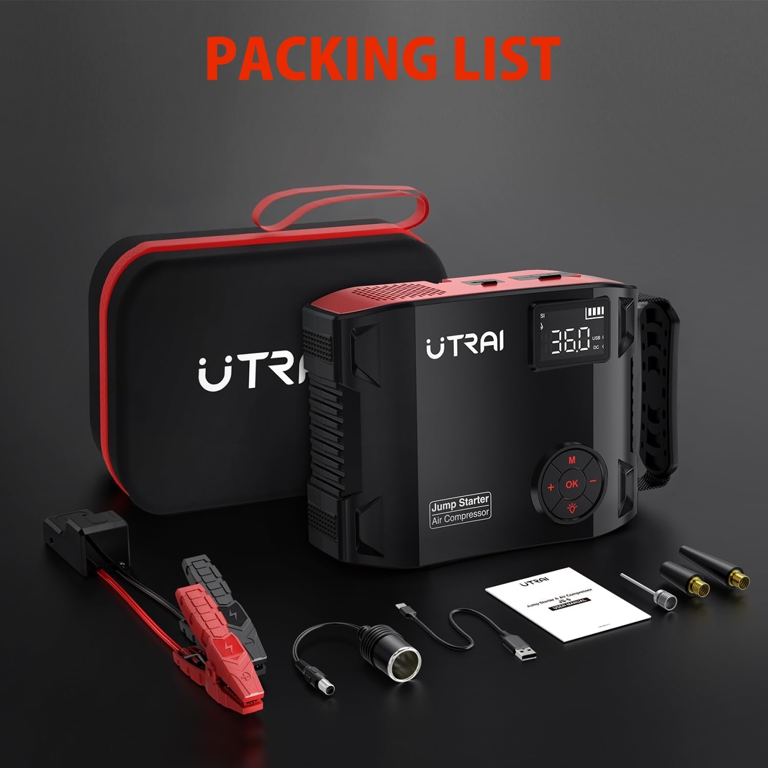 Jump Starter with Air Compressor, UTRAI 150PSI 6000A DC160W/1600 Lumen/12V Car Battery Booster Pack Jump Starter (All Gas/12L Diesel), Car Booster Battery Pack with 18W Fast Charging/Tire Inflato