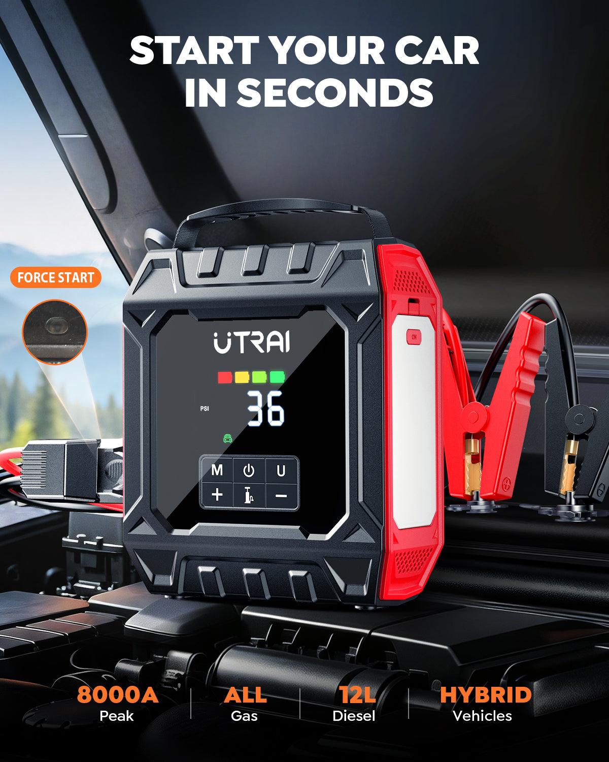 UTRAI 8000A Jump Starter with Air Compressor 160PSI, Car Battery Jumper Starter for All Gas/12L Diesel Engines, Portable Car Jump Starter Jump Box with 1000LM Magnetic Light, Tire Repair Kit