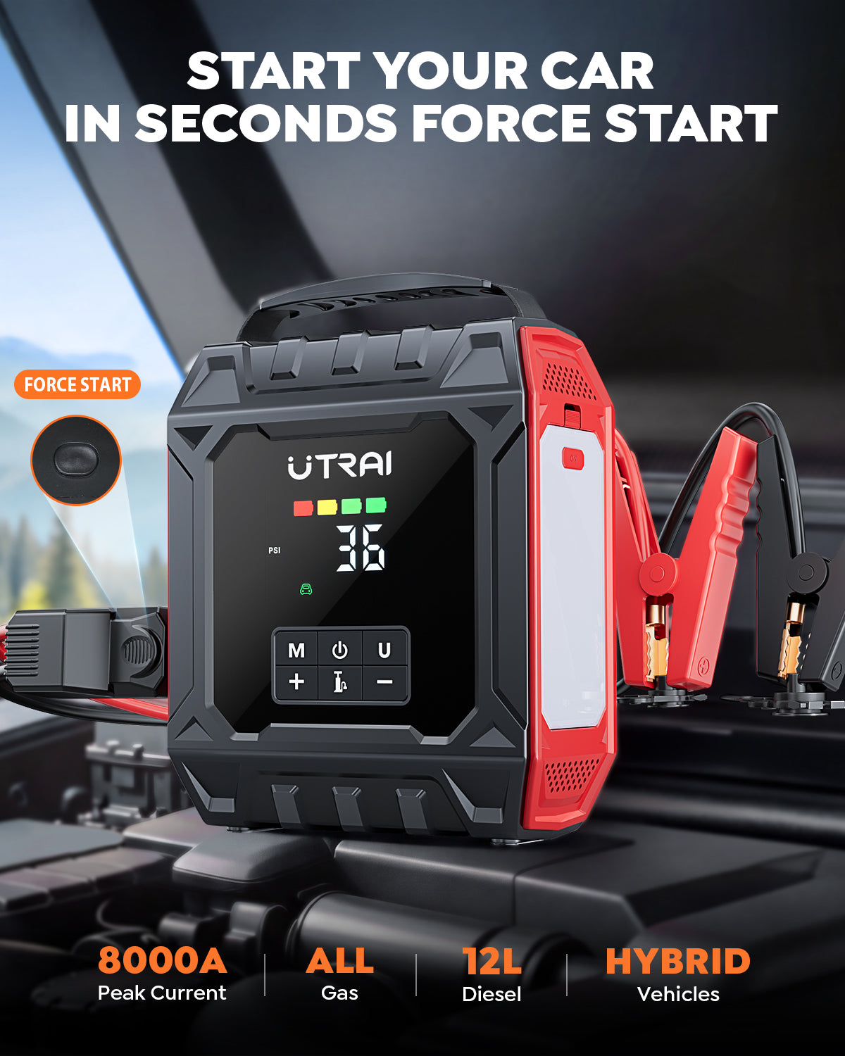 UTRAI 8000A Jump Starter with Air Compressor 160PSI, Car Battery Jumper Starter for All Gas/12L Diesel Engines, Portable Car Jump Starter Jump Box with 1000LM Magnetic Light, Tire Repair Kit