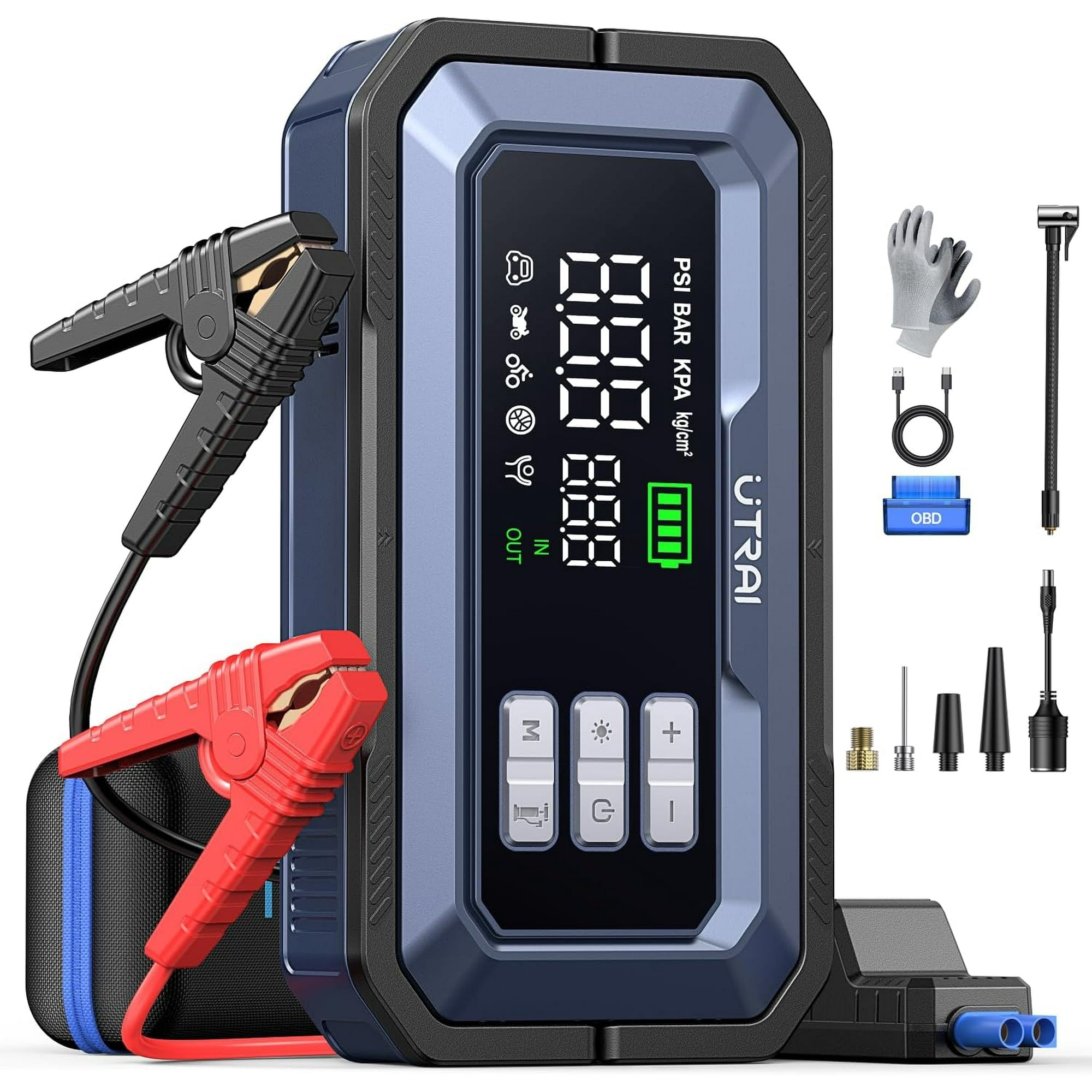 UTRAI 7000A Car Jump Starter with Smart OBD for All Gas and 12V Diesel, 150PSI Car Air Compressor, 18W Quick Charge, LED Spotlight