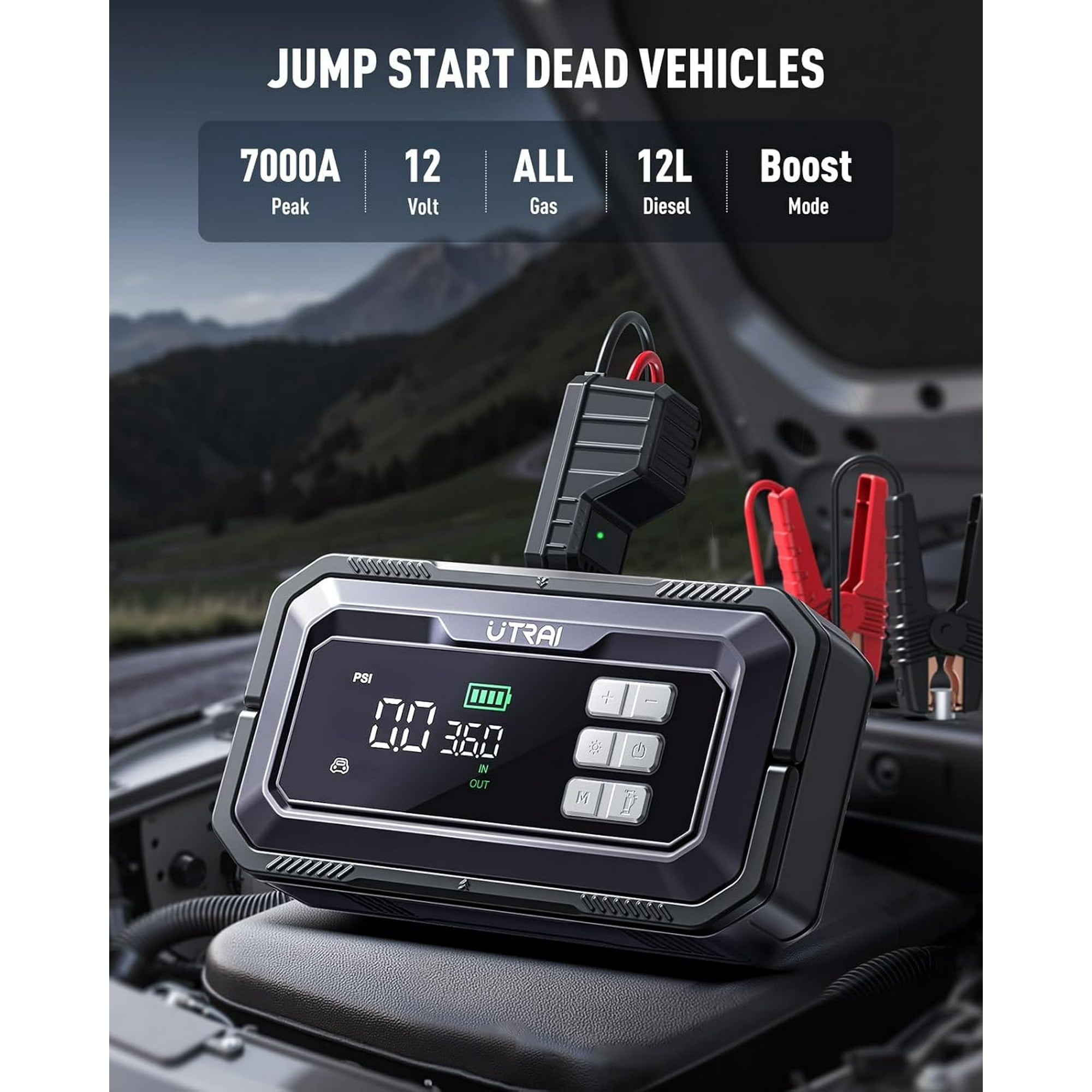 UTRAI 7000A Car Jump Starter with Smart OBD for All Gas and 12V Diesel, 150PSI Car Air Compressor, 18W Quick Charge, LED Spotlight